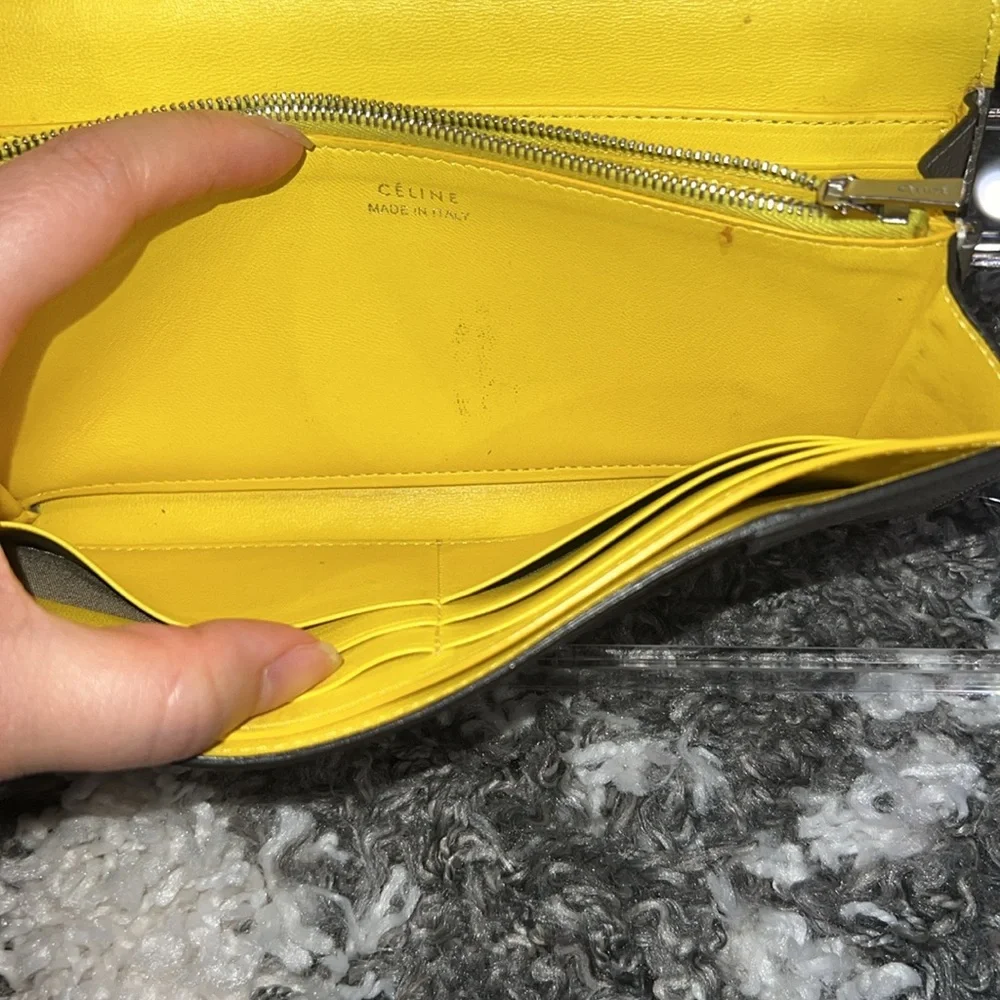 Authentic CELINE Calfskin Leather Souris Gray Yellow Large Flap Long Wallet - Picture 9 of 16
